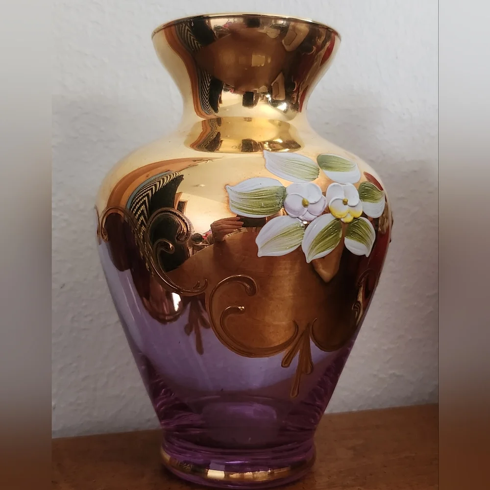 VTG Amethyst / Gold Glass Hand Painted Vase